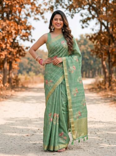 Image of MIMOSA Women's Pista Art Silk Banarasi Saree (Unstitched Blouse) | embrodiary | 6.2 Mtrs