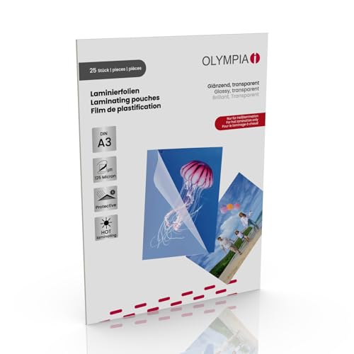 Olympia Laminierfolien A3 125 Micron 25 Stück – Premium Laminier Taschen Glänzend, Extra Stark & Reißfest – Laminierfolie für Dokumente, Fotos, Speisekarten – Kompatibel mit Laminiergerät, 9183