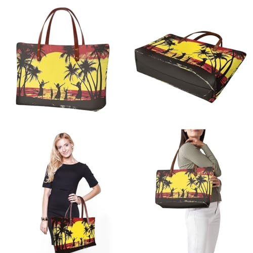 Image of Palm Tree Shoulder Tote for Women, Sunset Large Purse Set with Matching Make Up Bag, Satchel Hobo Bag for Travel, Working