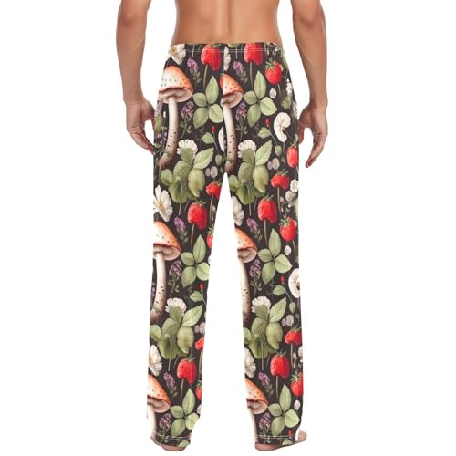 Men's Mushroom Strawberry Pajama Pants with Pockets - Straight Fit Cotton Sleep Bottoms for Lounge & Nightwear#8353