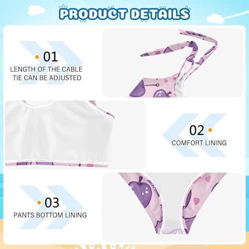 Girls' Bikini Set, Cherries with Bows in Lilac-Pink Colors Kids Swimsuit 2 Pcs Beach Bathing Suit3
