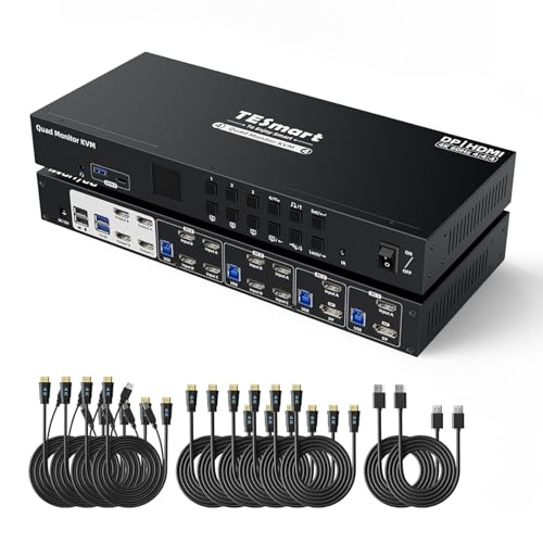 TESmart Quad Monitor HDMI+DP MST KVM Switch 4 Monitors 4 Computers 4K@60Hz, USB 3.0 KVM Docking Station, EDID emulators,Audio&Microphone, Hotkey Switch, Rack-Ears, with Input Cables