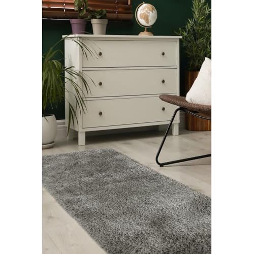 Modern Style Rugs Lush Ultra Soft Rug, Machine Washable, Silver Shaggy Grey Sustainable Area Runner Rug. Suitable for Living Room, Bedroom, Hallway, Kitchen, Living Space Rug. 67x180 cm