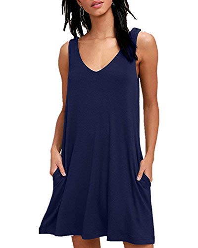 ABINGOO Mujer Vestido Casual Estampado Floral sin Mangas Verano con Bolsillos Cuello V Boho Playa Dress,A Azul,S=EU 34-36 Cover