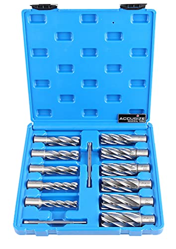 Accusize Industrial Tools 13 Pc 7/16'' To 1-1/16'' H.s.s. Annular Cutters, 2'' Cutting Depth, 3/4'' Weldon Shank, With 2 Pilot Pins, Strong Case, N2 #TOP1