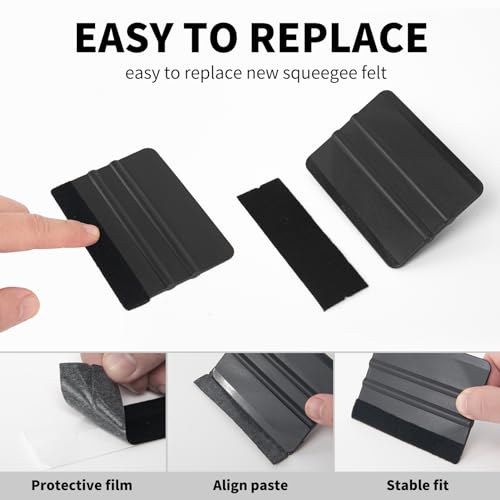 Image of AMZDEPOT Vinyl Wrap Squeegee 2Pcs Black with Extra 2 Felt Replacements | Extra 2 Felt Replacements, Non Slip Plastic 4 Inch Squeegee, Scratch Free Bubble Elimination, Tool for Car Wrap Window Tint