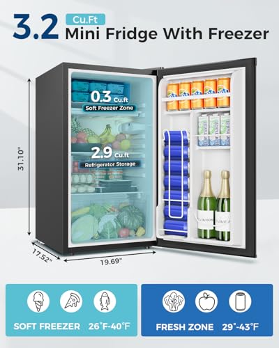 Image of Feelfunn Mini Fridge with Freezer - 3.2 Cu.Ft Single Door Mini Refrigerator with Adjustable Thermostat, Small Fridge for Bedroom, Apartment, Dorm - Black