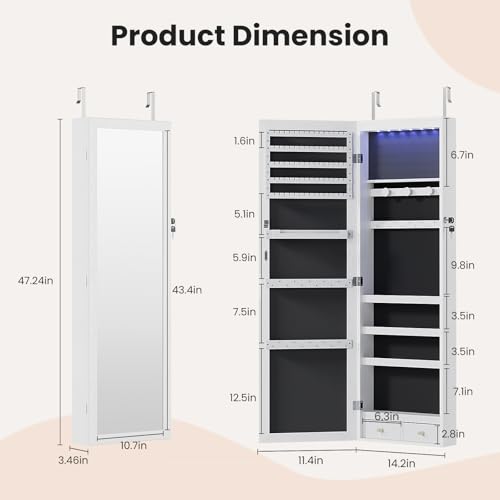 Sweetcrispy SSG-HJ3-001 6 Leds Jewelry Cabinet Organizer, 47.2-Inch Jewelry Armoire With Full-Length Mirror, Wall Or Door Mounted Jewelry Storage thumb #4