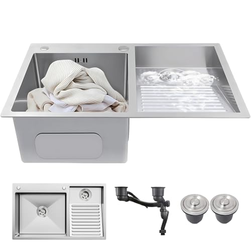 JETXYHUB Évier de cuisine 70 cm pour droitier avec planche à laver, double lavabo en acier inoxydable, vêtements faciles à nettoyer, pour le balcon, pour la buanderie
