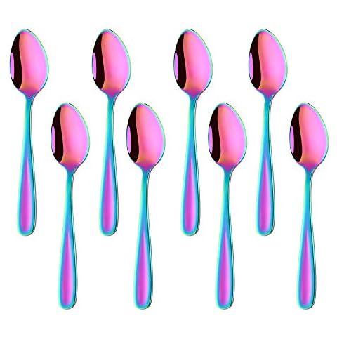 BISDARUN Teaspoons Espresso Spoons Iridescent Coloured 18/10 Stainless Steel Set of 8 Small Coffee Spoons Rainbow Dessert Spoons 13.5 cm/5.3 Inches Cover