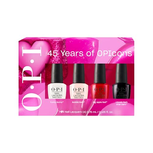 OPI Nail Lacquer Icons 45th Anniversary 4PC Mini Pack | 4 Crme Iconic Shades Chip Resistant Nail Polish Gift Set | Funny Bunny Bubble Bath Big Apple Red & Lincoln Park After Dark