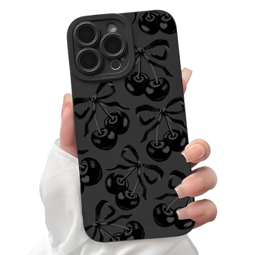 Lovmooful iPhone 16 Pro対応ケース 可愛いエステ hetic リボンボウデザイン（黒配色） 女性・ガールズ向け 柔らかい TPU 素材 耐衝撃保護 ゴーリースタイル スマホケース（iPhone 用）- チェリーボウ