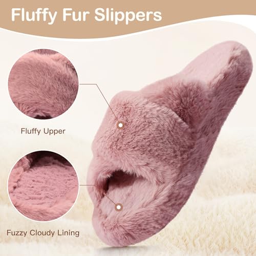 Women's Fuzzy Slippers Cross Band Memory Foam House Slippers Open Toe Plush Comfy Faux Fur Lined Slide Shoes Anti-Skid Sole2