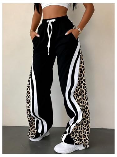 Women's Plus Size Striped Track Pants Y2K Leopard Drawstring Waist Wide Leg Baggy Sweatpants3