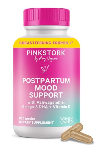 Pink Stork Postpartum Mood Support - Postnatal Hormone Balance for Women - Breastfeeding Friendly - Stress & Cognitive Support, New Mom Essentials - Ashwagandha, Chamomile, & Vitamin D, 60 Capsules
