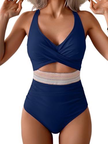 Image of B2prity Women's One Piece Swimsuit Tummy Control High Waisted Bathing Suit | Color Block,Removable Soft Cups,Cutout,V neck,Full Coverage,Adjustable Criss Cross Straps,Tie Back