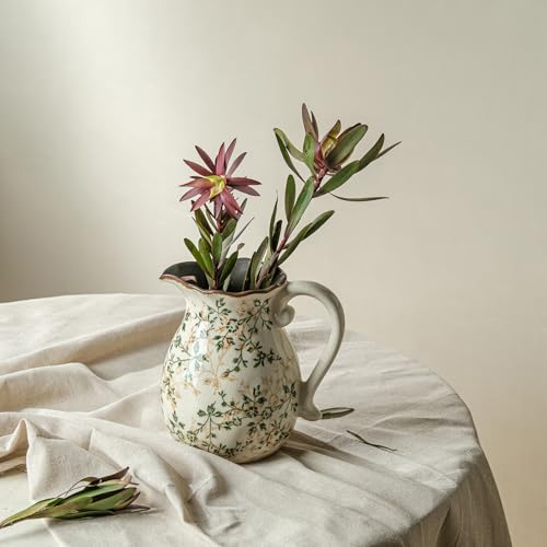 Image of Ceramic Flower Vase | Green Rustic Farmhouse Pitcher Vase for Home Decor, Vintage Floral Tuscan Decorative Vase for Living Room & Kitchen, Mantel & Bookshelf, Centerpieces, Entryway, Wedding(8 Inch)