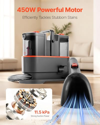 Image of VEVOR Carpet Cleaner Machine, 50.72 oz Clean Water Tank & 27.05 oz Dirty Water Tank, Portable Upholstery Shampooer, 11.5Kpa Handheld Furniture Extractor, Spot and Stain Deep Cleaner for Rug Couch Car