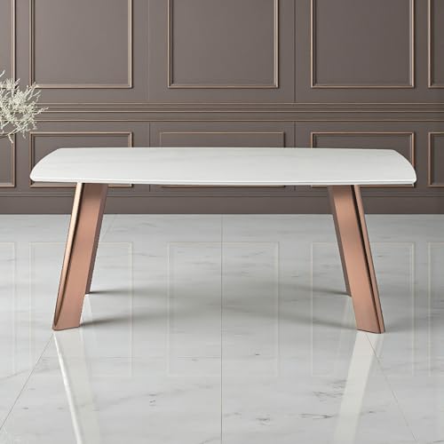 Image of The Attic Rose Luxe Dining Table, White Marble Top, Polished Rose Gold Metal Legs, 6 Seater Dining Table for Elegant Homes & Restaurants