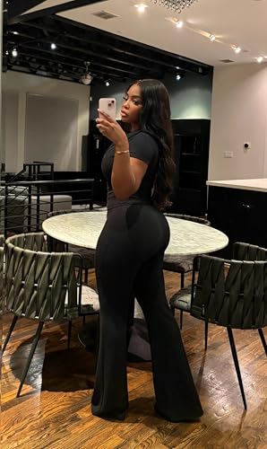 HBQ Women Two Piece Outfit Ribbed Short Sleeve V Neck Polo Top and Flare Pants Casual Lounge Sets Tracksuit3