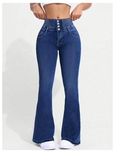WDIRARA Women's Flared Jeans Smocked High Waisted Bell Bottom Skinny Denim Pants3