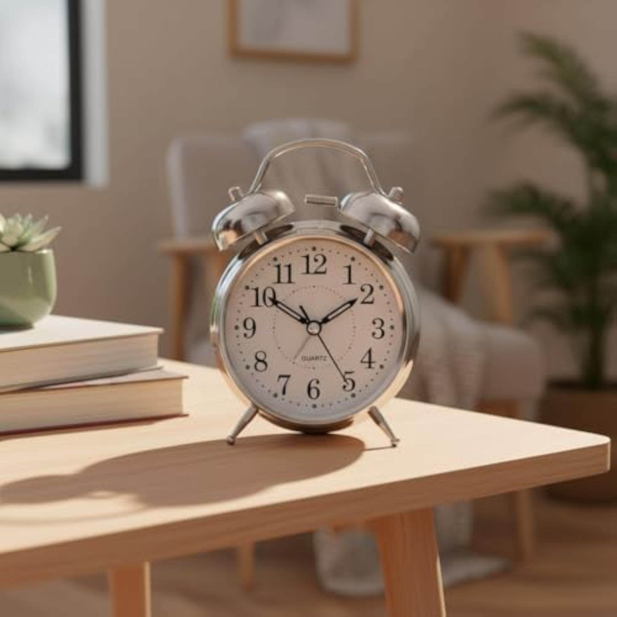 Classic Twin Bell Quartz Alarm Clock, Silent Analog