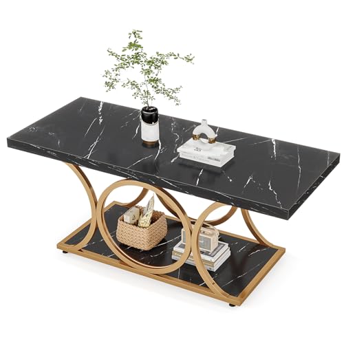 Tribesigns Rectangle Coffee Table, 47.24-inch Modern Coffee Tables for Living Room, 2-Tier Faux Marble Wood Coffee Table with Geometric Metal Legs, Furniture with Storage Shelf (Black & Gold) - Image 8