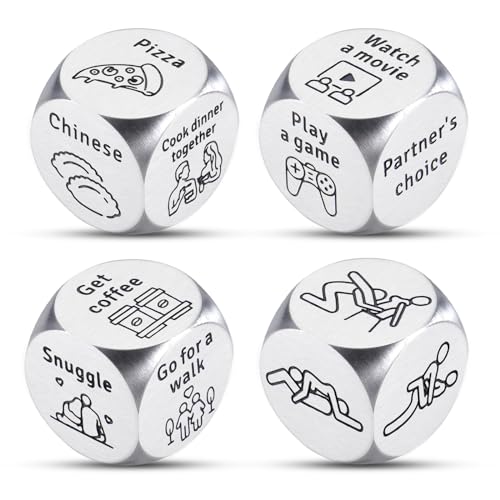 4PCS Date Night Dice Sweetest Day Gifts for Boyfriend Girlfriend Santa Swap Gift Exchange Dice White Elephant Christmas Stocking Stuffers for Adults 11th Anniversary Steel Gift for Couple