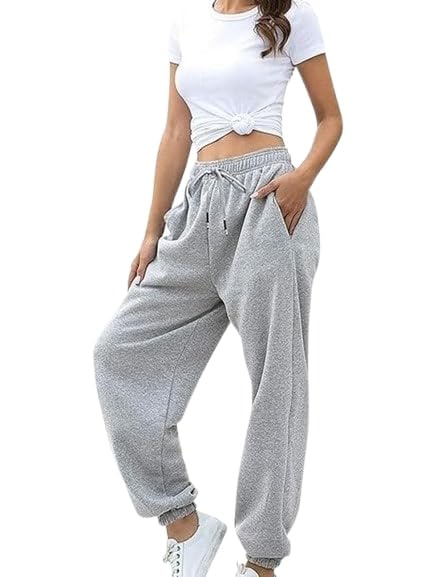 Image of Women's High Waist Jogger Pants, Cotton Blend, Drawstring Elastic Waist, Relaxed Fit