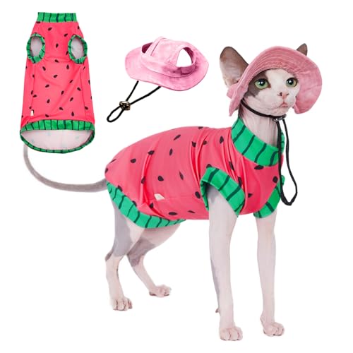 SNIXFEVER Sphynx Cat Watermelon Shirt &Sun Hat for Summer, Cooling Breathable UPF 50+ Shirt for Cats & Small Dogs Apparel, Shirt and Hat Set for Cats (M (3.5-5.5lbs)), Pink by SNIXFEVER - Used condition - US$14.63