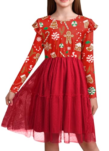 Girls Christmas Tulle Hem Ruffle Sleeve Midi Dress 2-14 Years