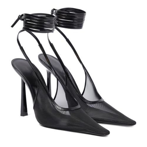Women's Slingback Sandals Ankle Strap Mesh Pumps Lace Up High Heels Sexy Pointy Closed Toe Stilettos for Party Prom Dress Shoes