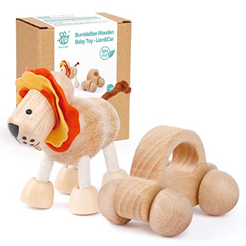 BumbleBee Wooden Toys for Babies, Wood Baby Teething Toys Set for Toddlers, Grasping Wooden Baby Teething Toys, Newborn Toys Gift, Lion and Car