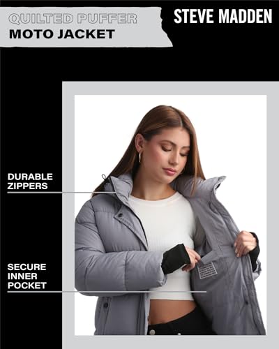 Steve Madden Quilted Moto Puffer Jacket - Heavyweight Hooded Winter Coat - Insulated Outerwear Jacket for Women (Sizes: S-XL)3