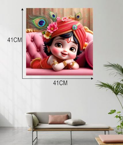 Image of Akki Wold Cute Red Krishna sleeping On Soffa With 3-Feather Wall Poster For Living Room, Office, Pooja Room (Size - 41CM X 41CM)