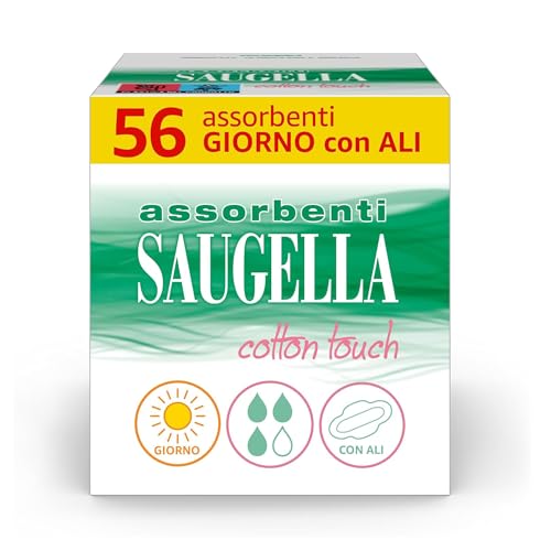 Saugella Assorbenti Cotton Touch Giorno, 56 Assorbenti Cotone Giorno con Ali, Azione Antibatterica, Antiodore e Lenitiva