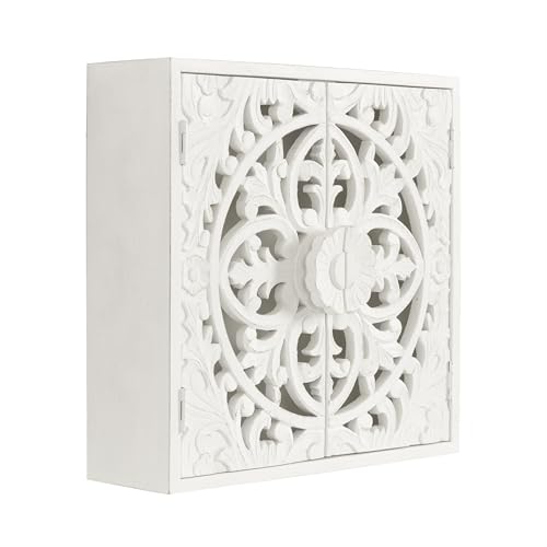 Kate and Laurel Saanvi Traditional Carved Wood Wall Cabinet; 20 x 6 x 20; White; Dimensional Over The Toilet Storage Cabinet for Bathroom Storage and Display by Kate and Laurel - Used condition - US$151.75