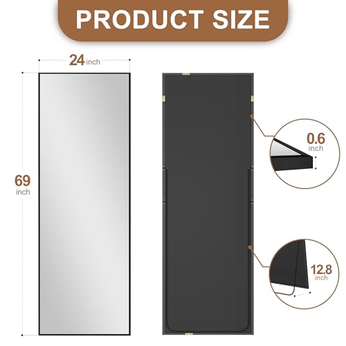 Delma Full Length Standing Mirror,Large Floor Mirror with Aluminum Frame for Bedroom, Bathroom, Living Room,Wall Mount or Freestanding Design(with Stand,Rect 69x24-Black)