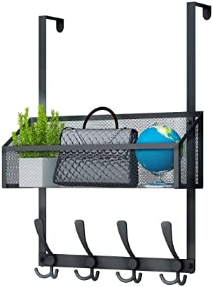 Kaiferty Over The Door Hooks Organizer, Door Hanger Towel Rack Mesh Basket with 12 Hooks,Over The Door Storage Coat Hooks Behind Door Organizer for Bathroom,Bedroom,Kitchen,Office(Black)