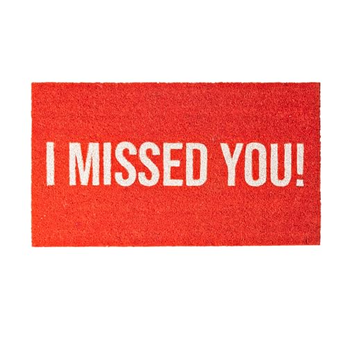 FISURA Capacete de entrada de casa "I Missed You" de coco com base antiderrapante de PVC. Capuz interior vermelho pintado à mão. Tapete de entrada de casa com mensagem engraçada. Medidas: 70 cm x 40