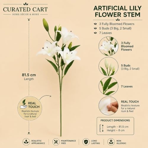 Image of CURATED CART 2 Pcs Lily Artificial Flowers Bunch for Home Decoration - Big Lilys Bouquet for Home Decor - Real Touch Faux Latex Long Stem - Includes 6 Lily Flowers and 10 Half Bloom Buds-White Colour
