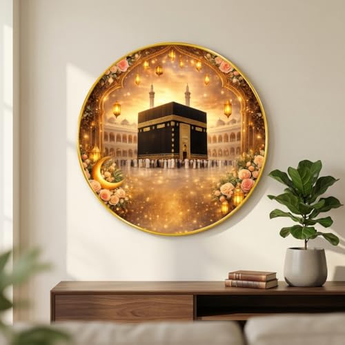 Image of SAF Islamic Kaaba Round Wall Painting with Premium PVC Golden Frame, Makkah Mosque Floral Crescent Design, Muslim Religious Home Decor for Prayer Room (16 x 16 Inch) GRM-425