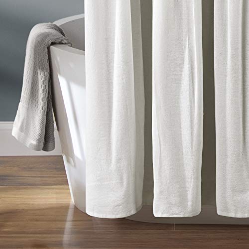 Lush Decor Linen Button Farmhouse Shower Curtain Pleated Two Tone Design For Bathroom, 72" X 72", Gray & White #TOP2