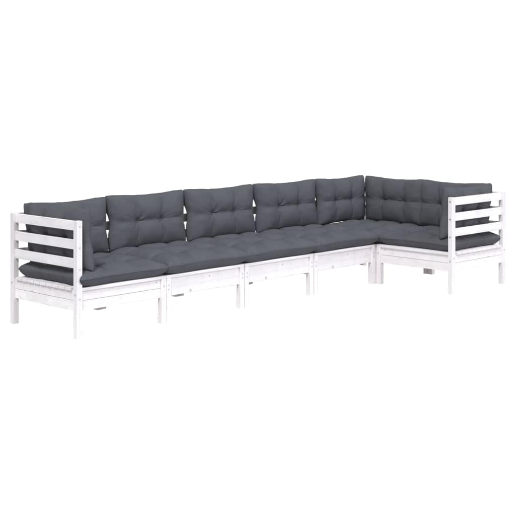 Juego de 6 muebles de jardín de madera de pino blanco, muebles de exterior con cojines de antracita, sofá modular para terraza, ideal para relajarse en el jardín, balcón, patio, máx. 110 kg