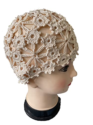 Gorro tejido artesanal floral para mujer color beige miniatura 6