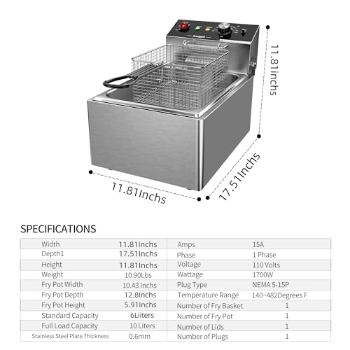 Awgpd Electric Deep fryer Single Tank Deep Fryer with Basket Capacity 10L(10.5QT) Electric Countertop Fryer Stainless Steel Deep Fryers for Restaurant Home Use, 1700 Watts, 110V (10L) Awgpd の商品画像 3