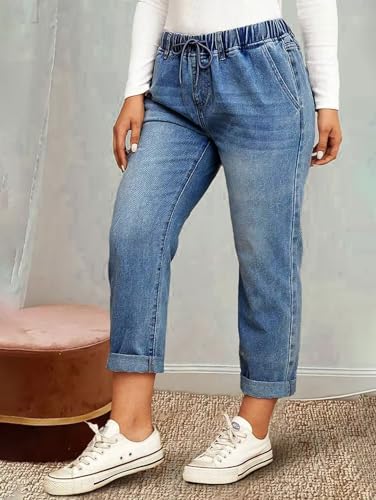 Flamingals Women's Baggy Cropped Jeans Drawstring Mid Rise Boyfriend Carrot Barrel Roll Hem Jeans3