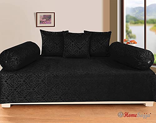 Image of Home Sajja Premium Velvet Diwan Sets - 1 Diwaan Sheet,2pc Bolster Cover with Dori,3pc Cushion Covers (6 Pieces Set) Black Color