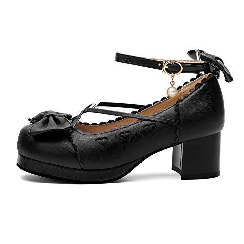 100FIXEO Women's Goth Platform Mary Jane Chunky Heels Kawaii Round Toe Ankle Strap Double Bow Cross-Tied Dress Pumps2