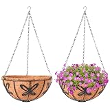 ARVINKEY Hanging Baskets Planter for Plants, 2 Pack 12 Inch Round Metal Wire Hanging Flower Pots with Coco Coir Liner Chain, Plant Holder for Home Garden Balcony Decor